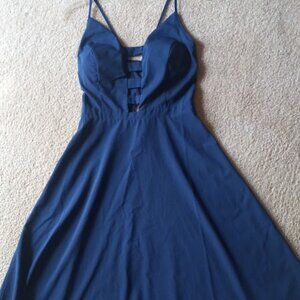 navy blue midi dress with front cut out. Side zipper